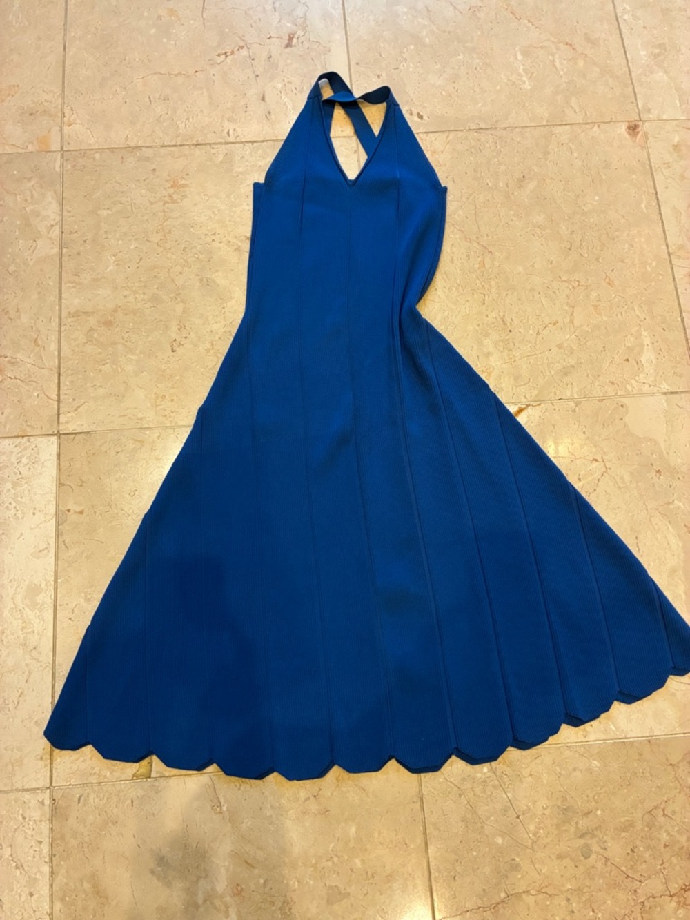 Blue Scalloped Hem Halter Dress